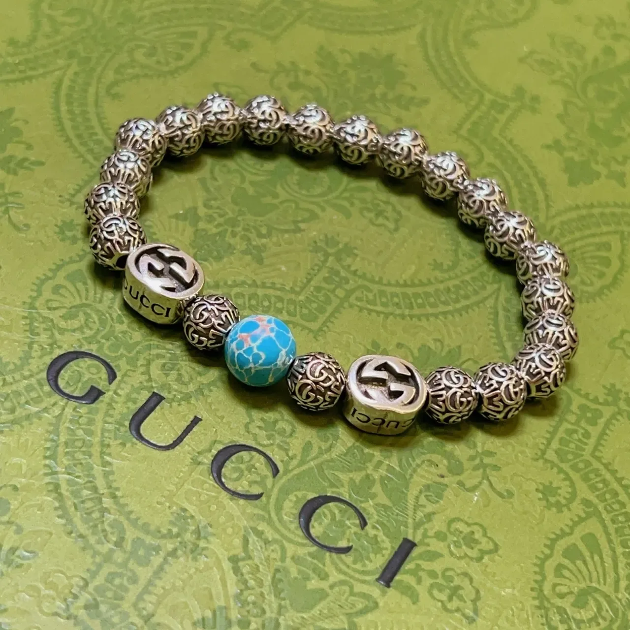 Gucci GG Marmont Silver Blue Beaded Filigree Metal Bracelet 9