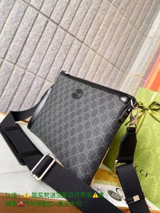Gucci GG Monogram Black Gray Canvas Top-Zip Closure Messenger Bag 4