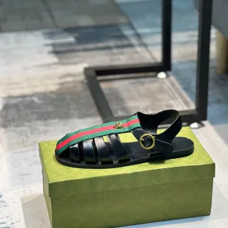 Gucci Gladiator Sandal Black Green Strappy Flat Gladiator Sandals