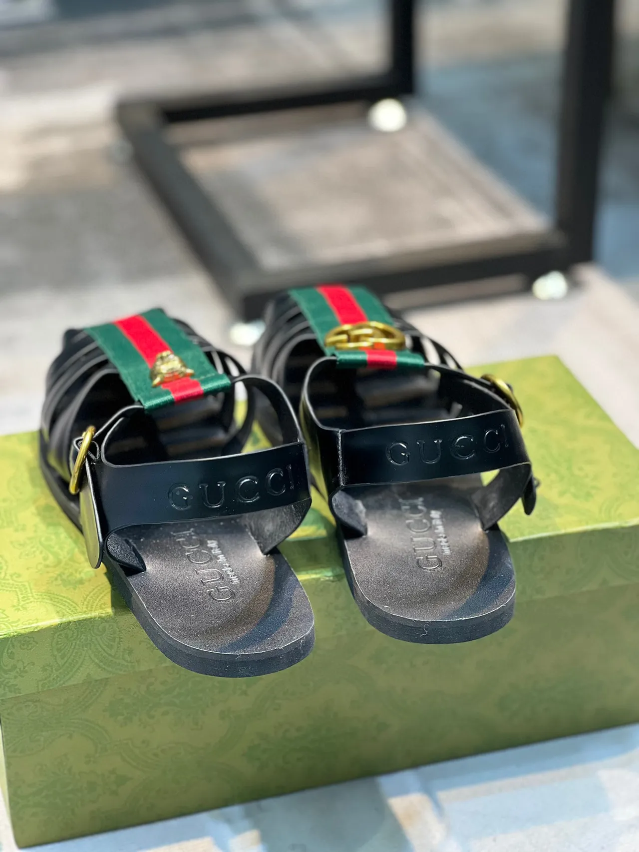 Gucci Gladiator Sandal Black Green Strappy Flat Gladiator Sandals 2