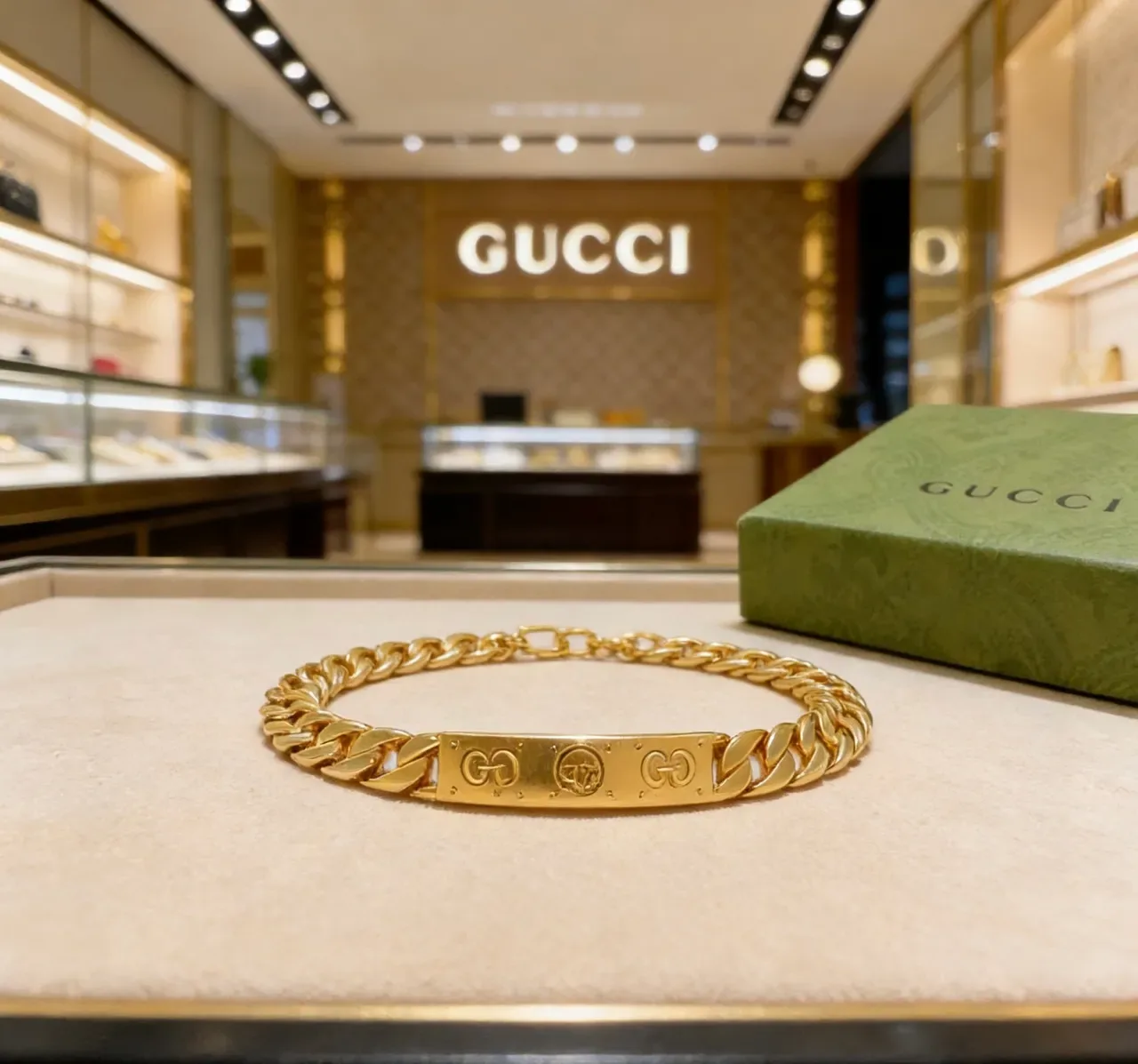 Gucci Gold Curb-Link Chain Engraved Central Plaque Bracelet 4