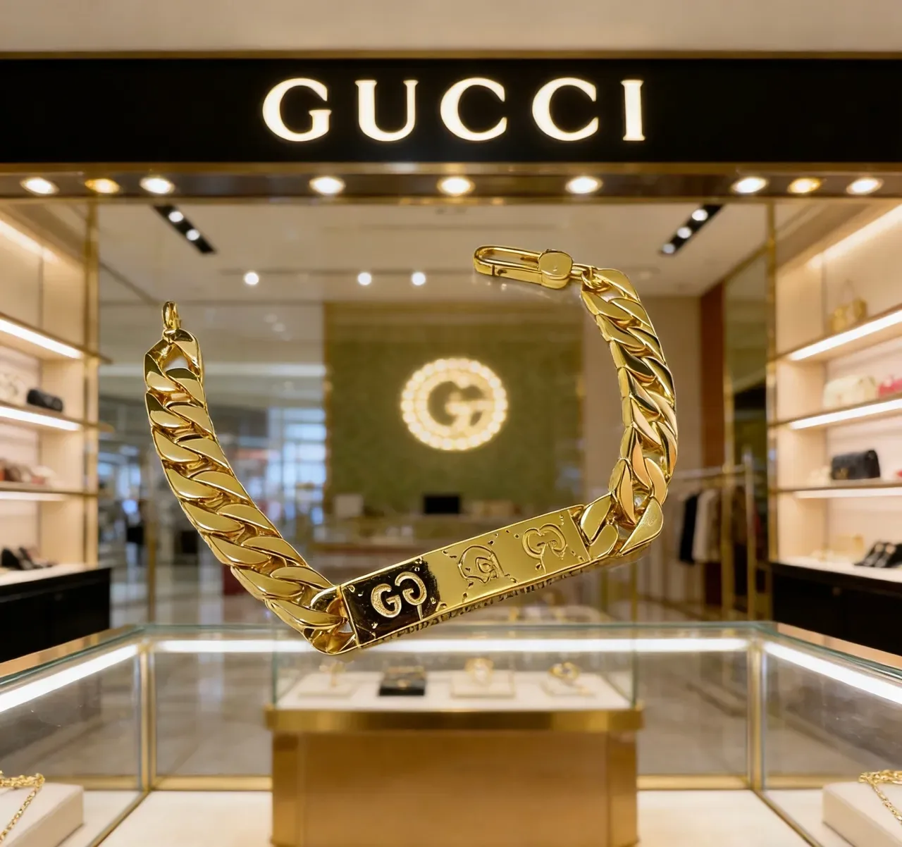 Gucci Gold Curb-Link Chain Engraved Central Plaque Bracelet 7