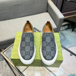 Gucci Gray White GG Monogram Canvas Slip-On Construction Lifestyle Sneakers