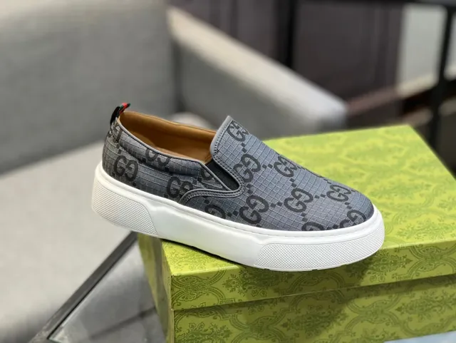 Gucci Gray White GG Monogram Canvas Slip-On Construction Lifestyle Sneakers 2