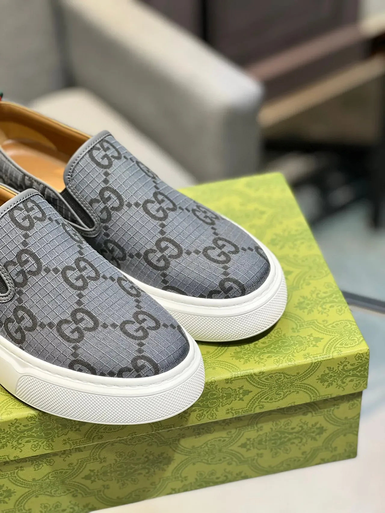 Gucci Gray White GG Monogram Canvas Slip-On Construction Lifestyle Sneakers 3