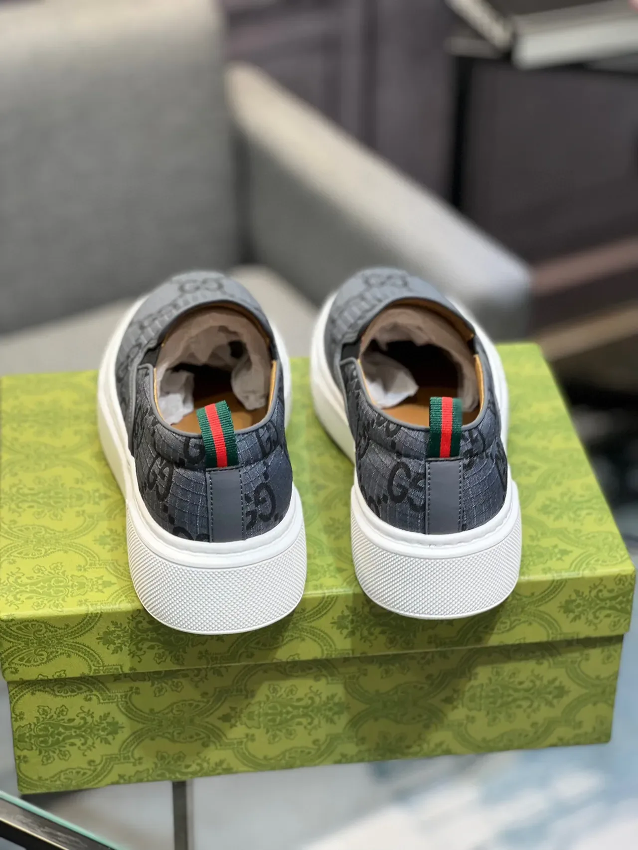 Gucci Gray White GG Monogram Canvas Slip-On Construction Lifestyle Sneakers 5