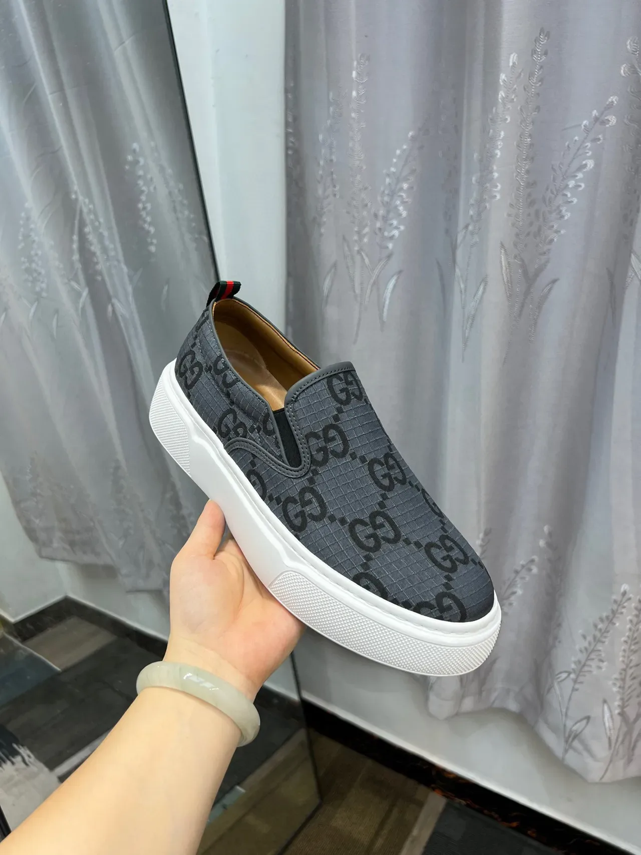 Gucci Gray White GG Monogram Canvas Slip-On Construction Lifestyle Sneakers 6