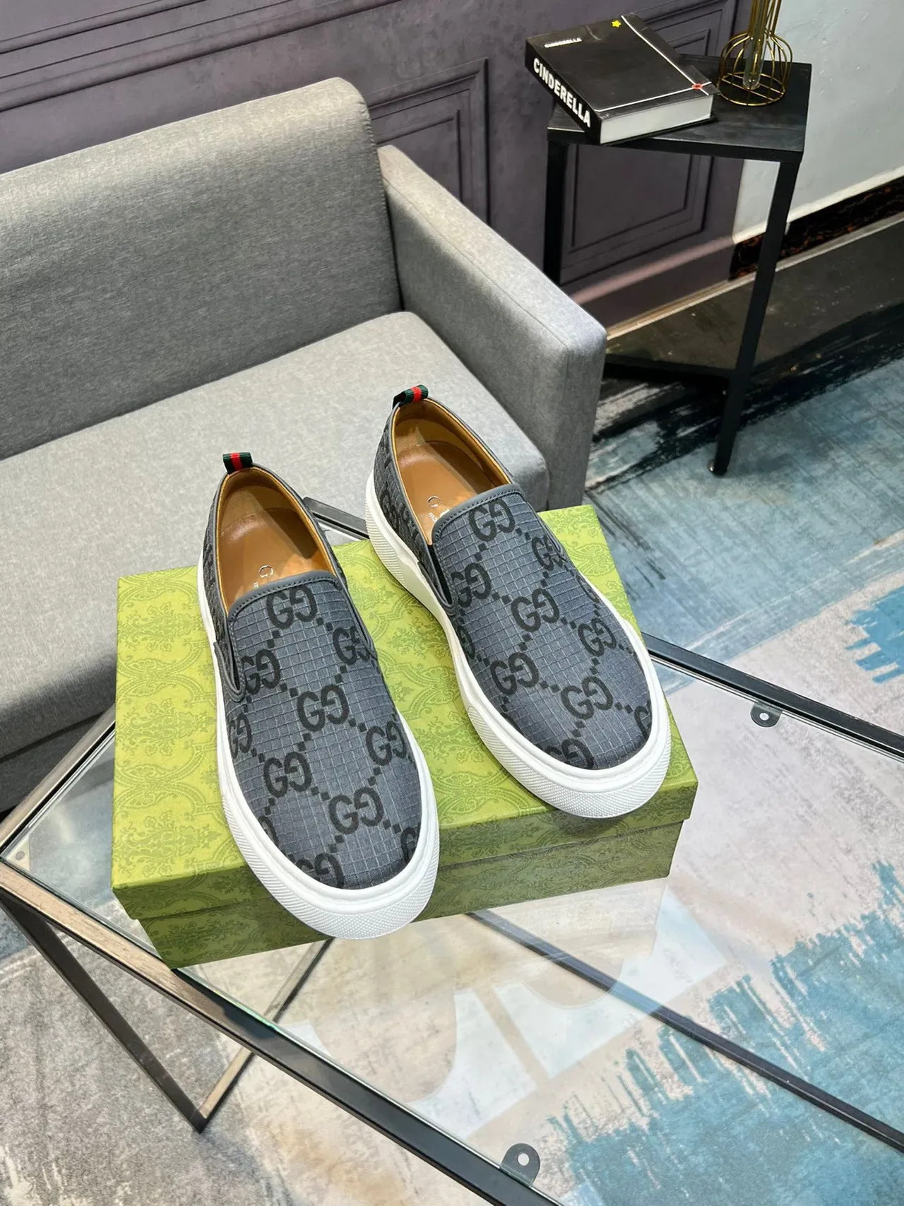 Gucci Gray White GG Monogram Canvas Slip-On Construction Lifestyle Sneakers 7