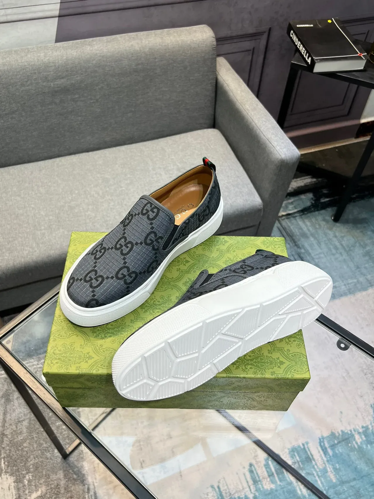 Gucci Gray White GG Monogram Canvas Slip-On Construction Lifestyle Sneakers 8