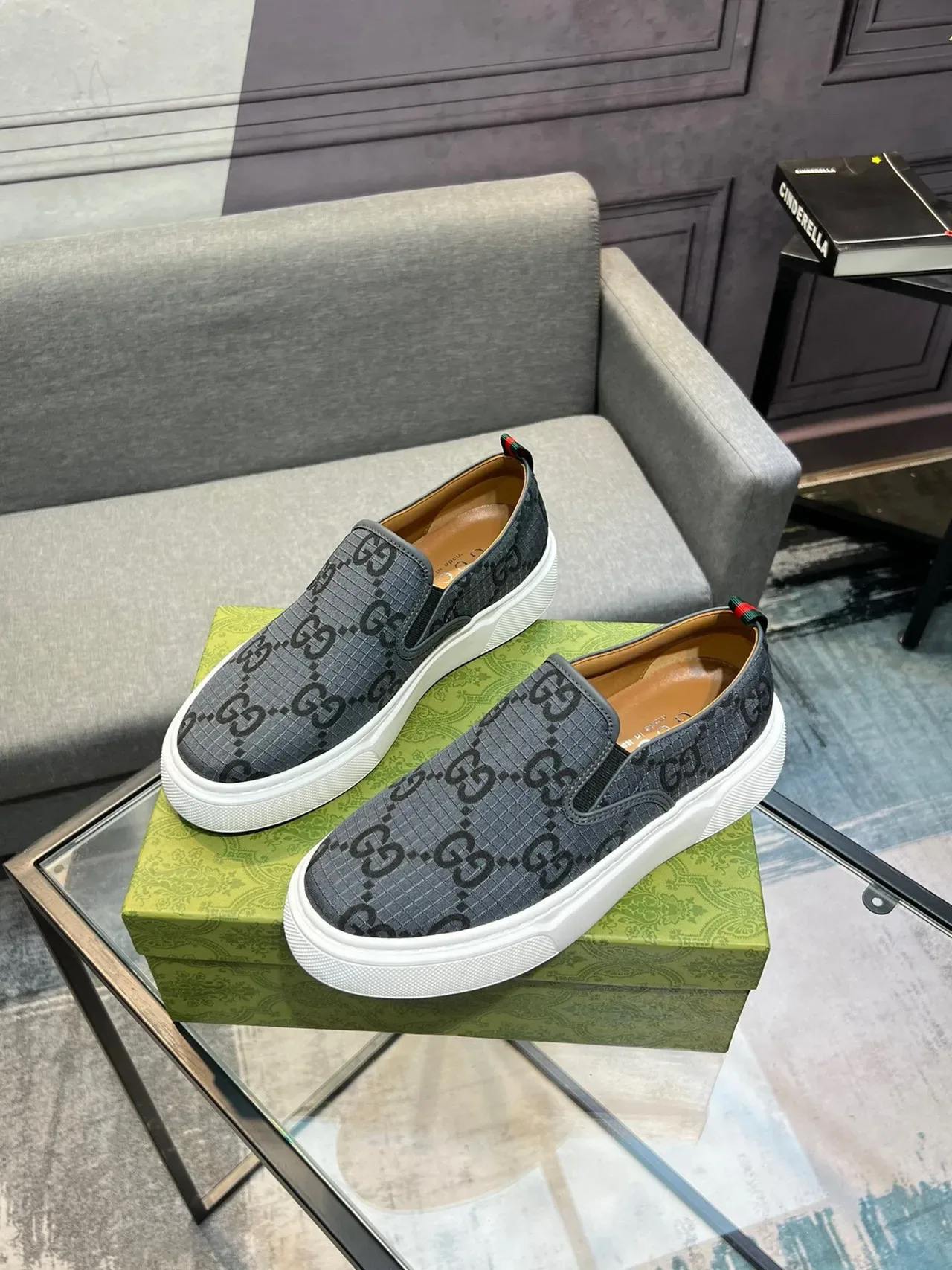 Gucci Gray White GG Monogram Canvas Slip-On Construction Lifestyle Sneakers 9