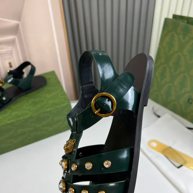 Gucci Green Gold Multi-Strap Crystal-Studded Gladiator Sandals 3