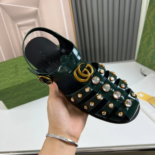 Gucci Green Gold Multi-Strap Crystal-Studded Gladiator Sandals 4