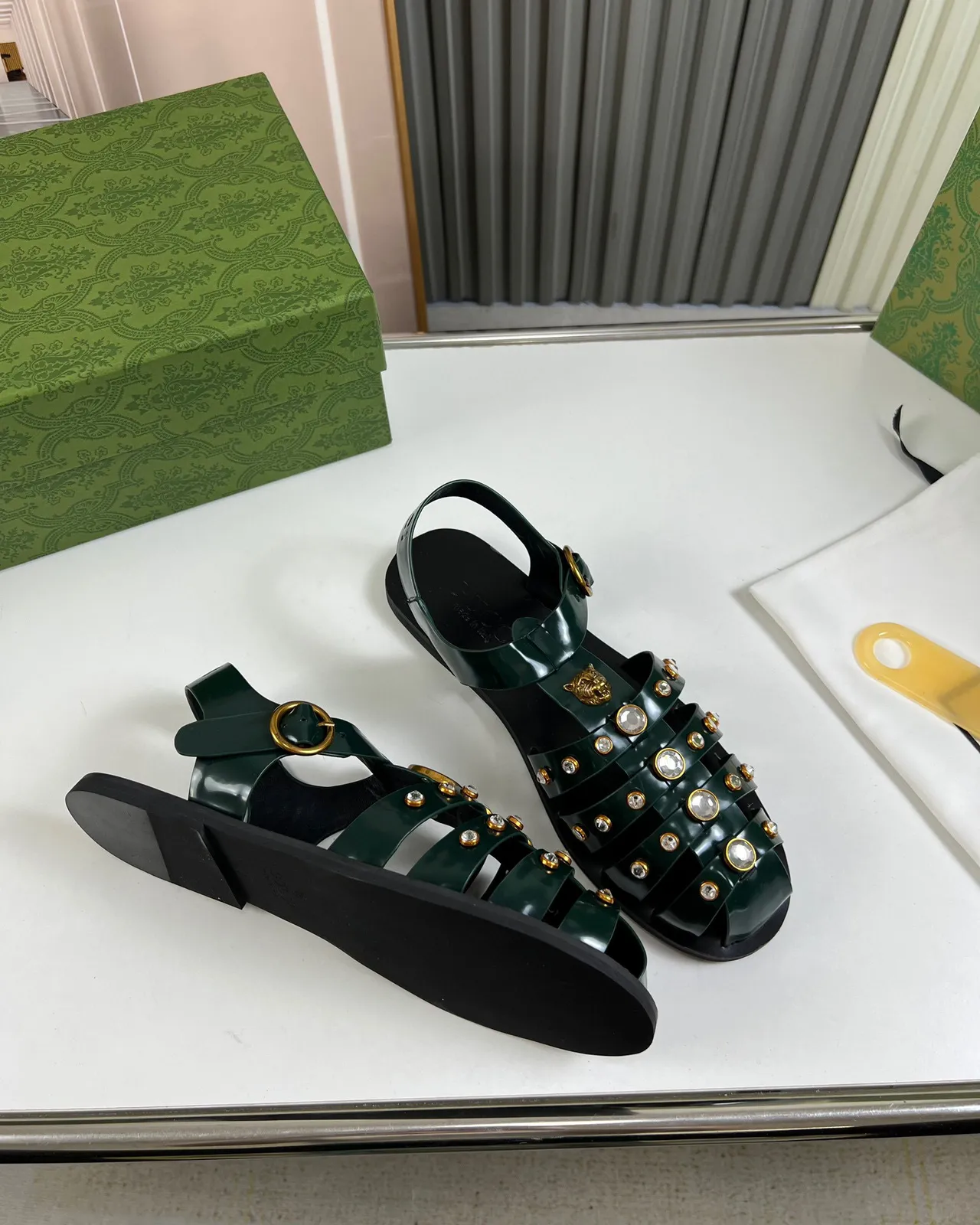 Gucci Green Gold Multi-Strap Crystal-Studded Gladiator Sandals 5
