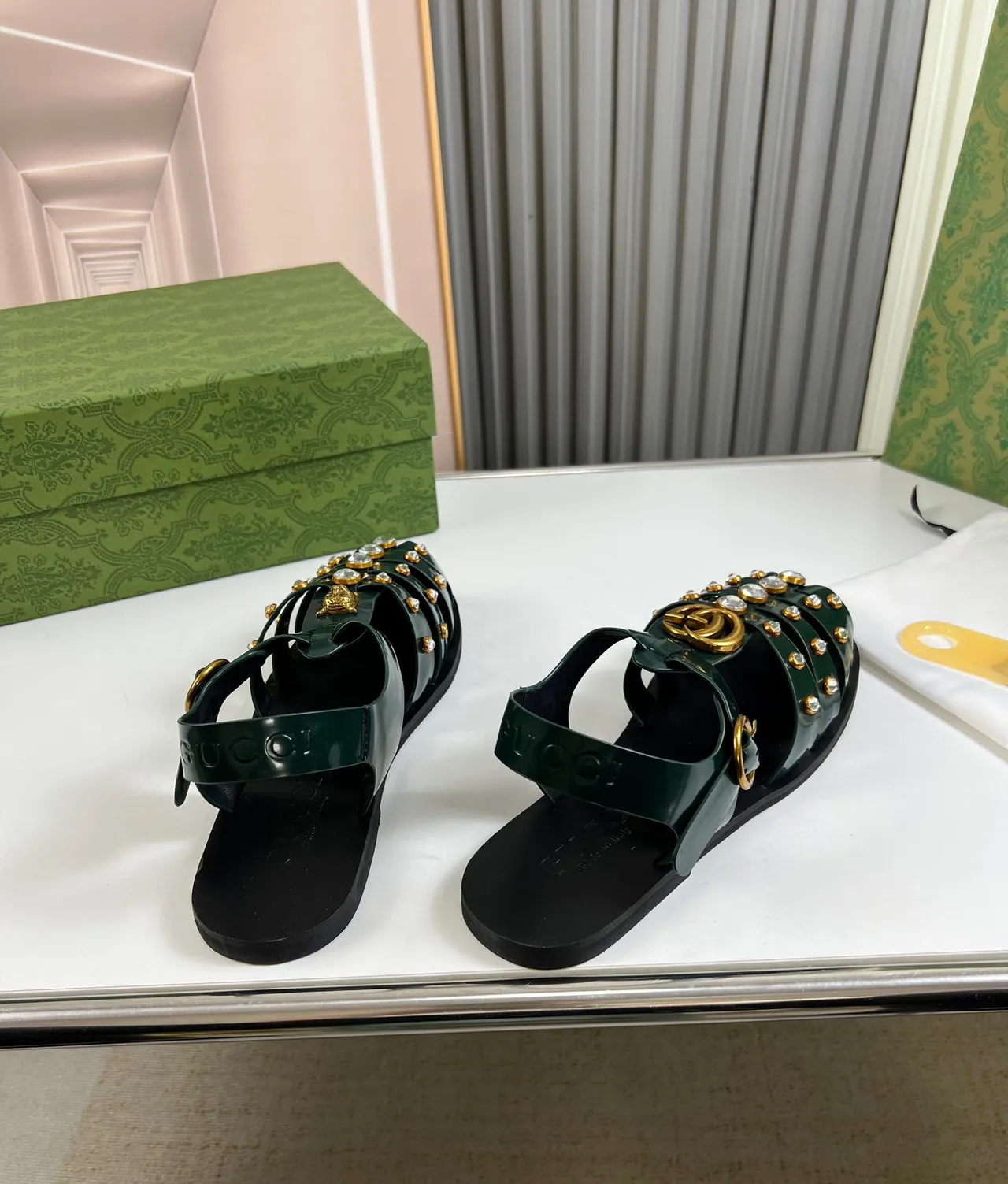 Gucci Green Gold Multi-Strap Crystal-Studded Gladiator Sandals 6