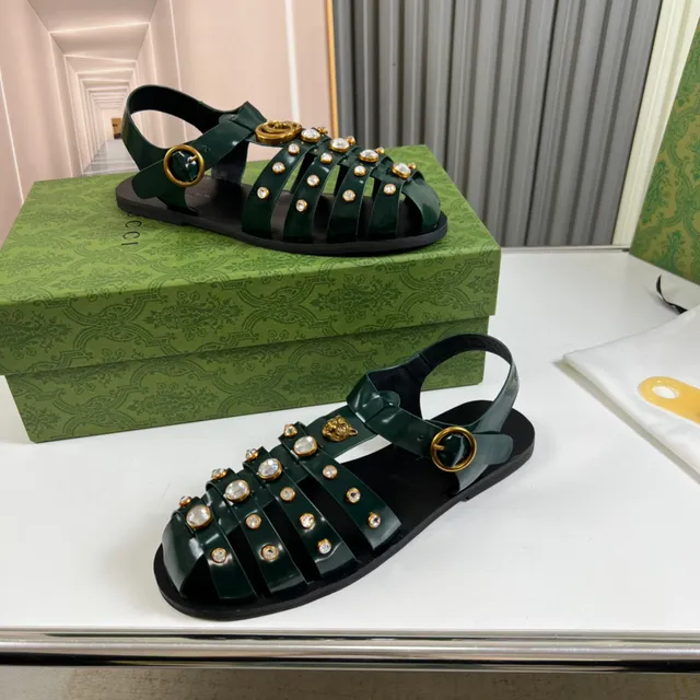 Gucci Green Gold Multi-Strap Crystal-Studded Gladiator Sandals 7