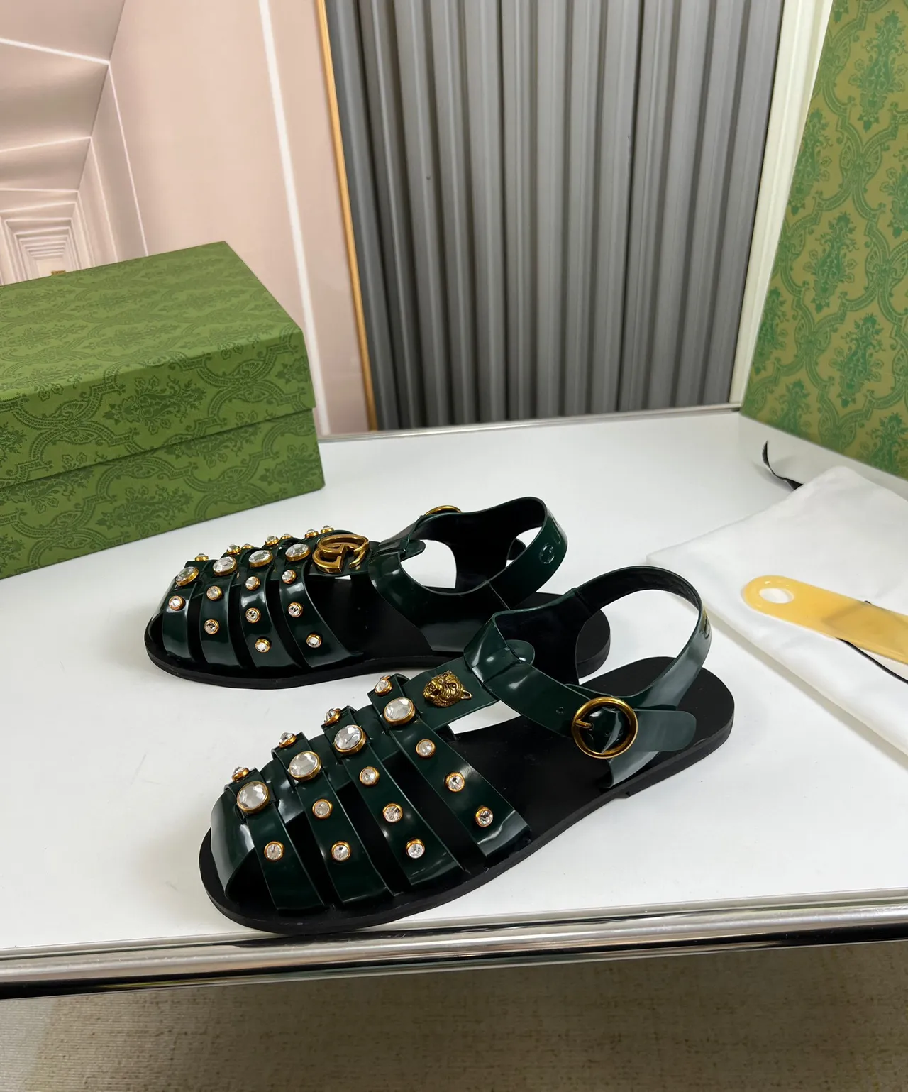 Gucci Green Gold Multi-Strap Crystal-Studded Gladiator Sandals 8