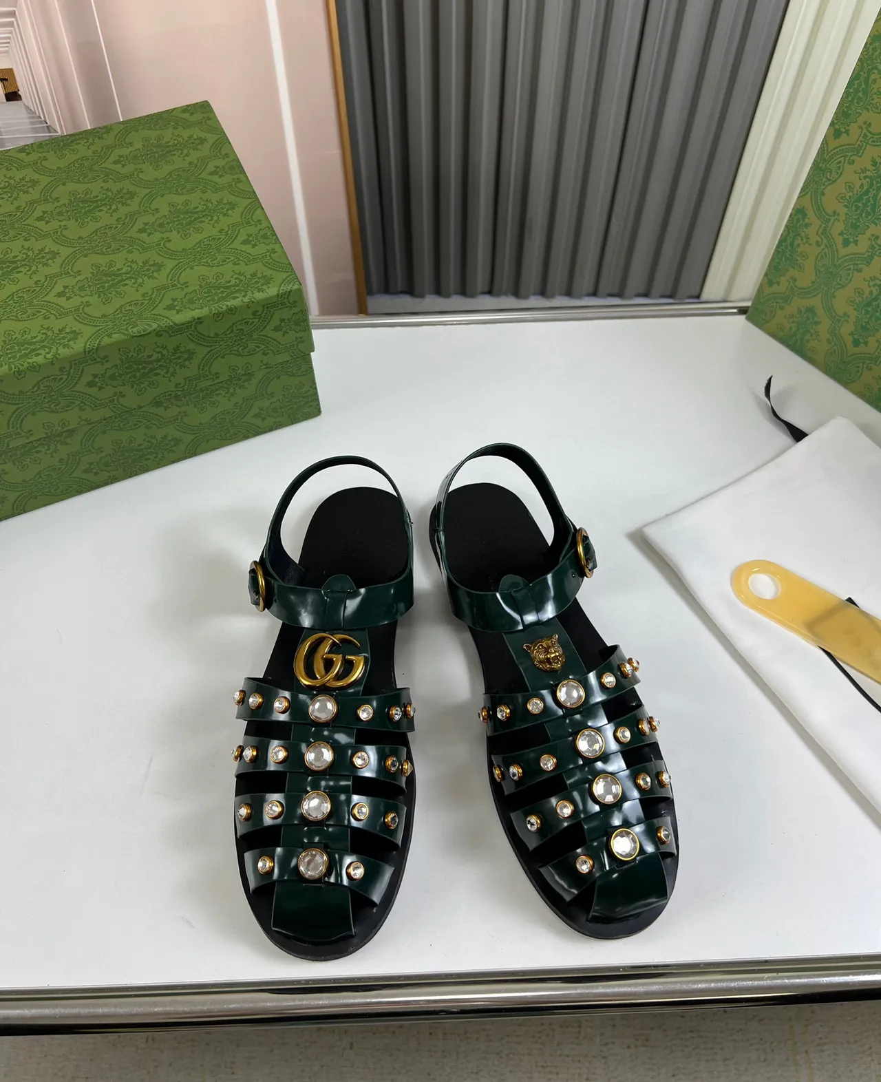 Gucci Green Gold Multi-Strap Crystal-Studded Gladiator Sandals 9