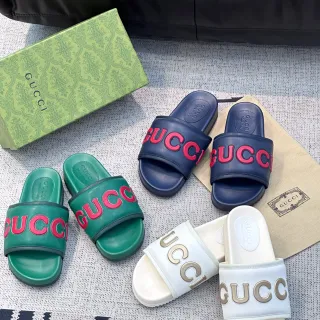 Gucci हरा लाल Logo-Strap मोल्डेड फुटबेड स्लिपर्स