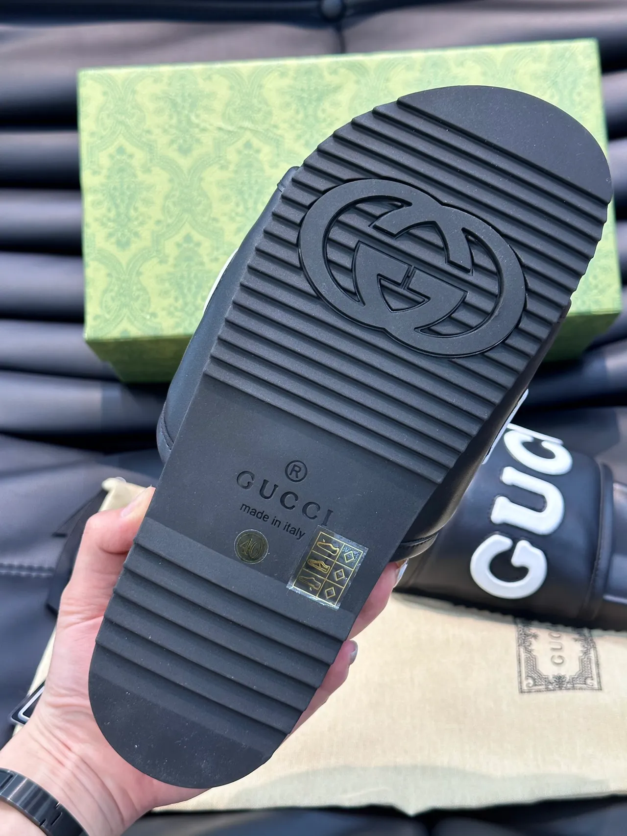Gucci Vert et Rouge Logo-Strap Semelle Moldée Chaussons 2