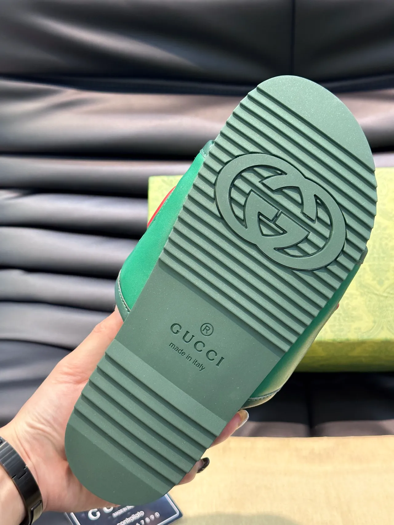 Gucci Vert et Rouge Logo-Strap Semelle Moldée Chaussons 3