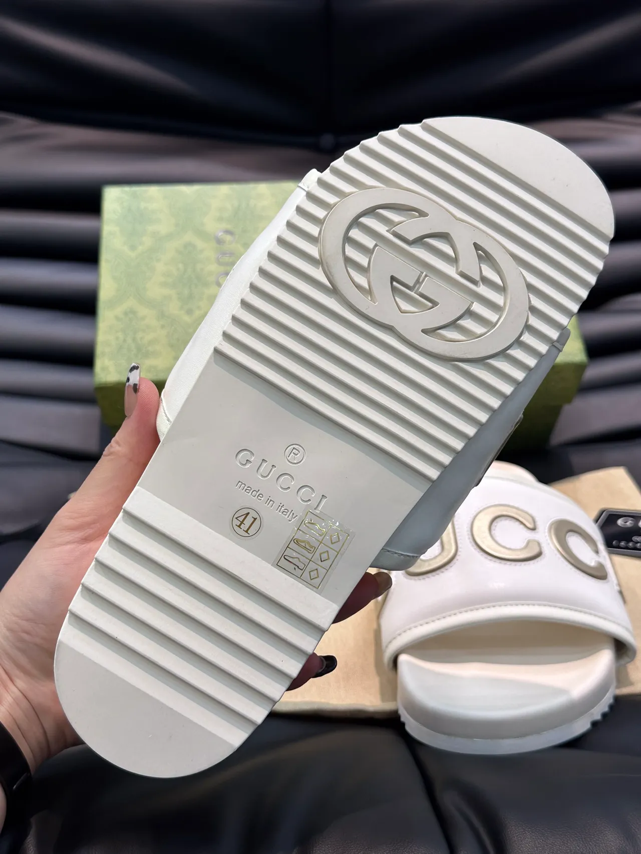 Gucci Vert et Rouge Logo-Strap Semelle Moldée Chaussons 5