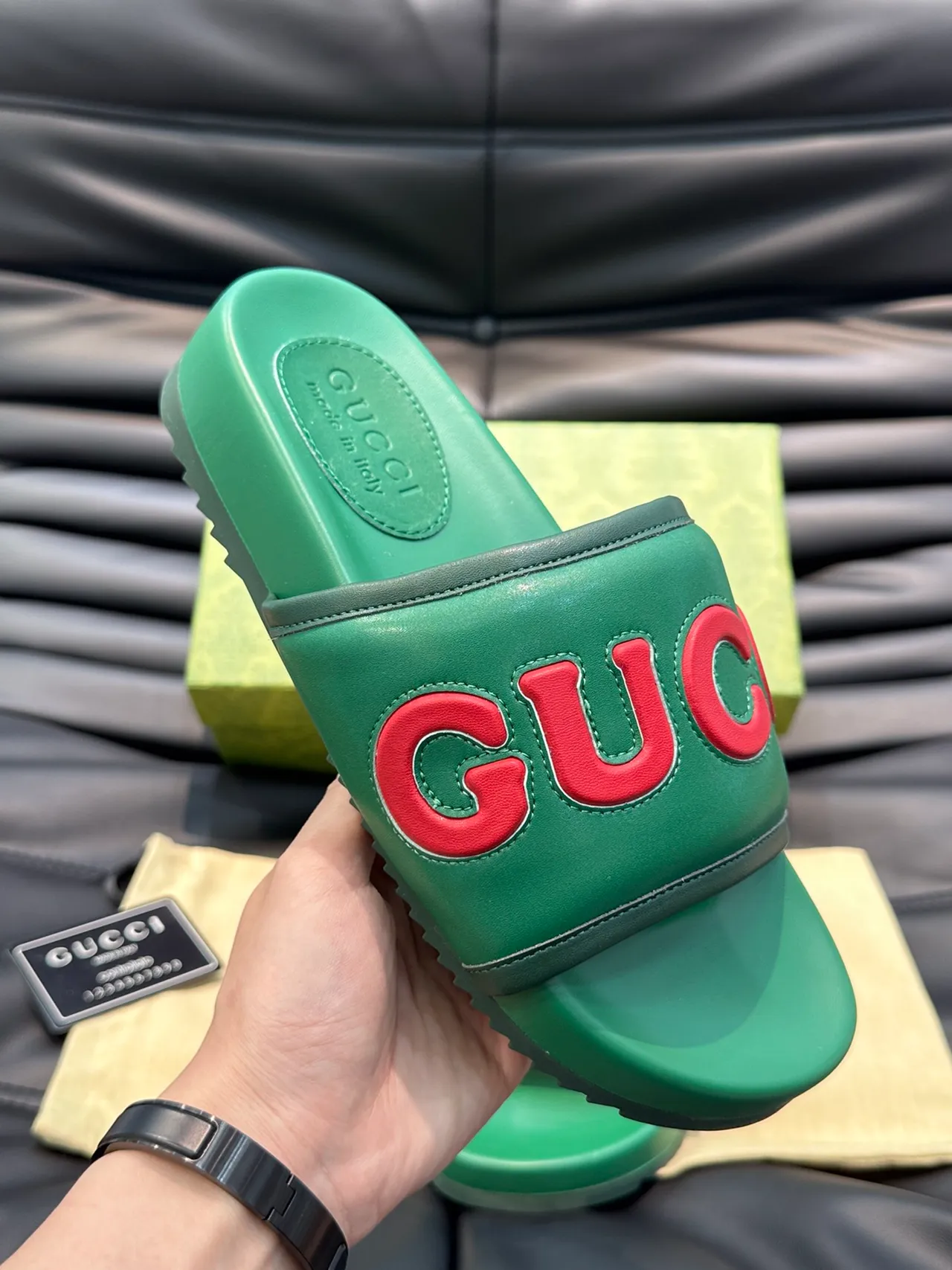 Gucci Vert et Rouge Logo-Strap Semelle Moldée Chaussons 7