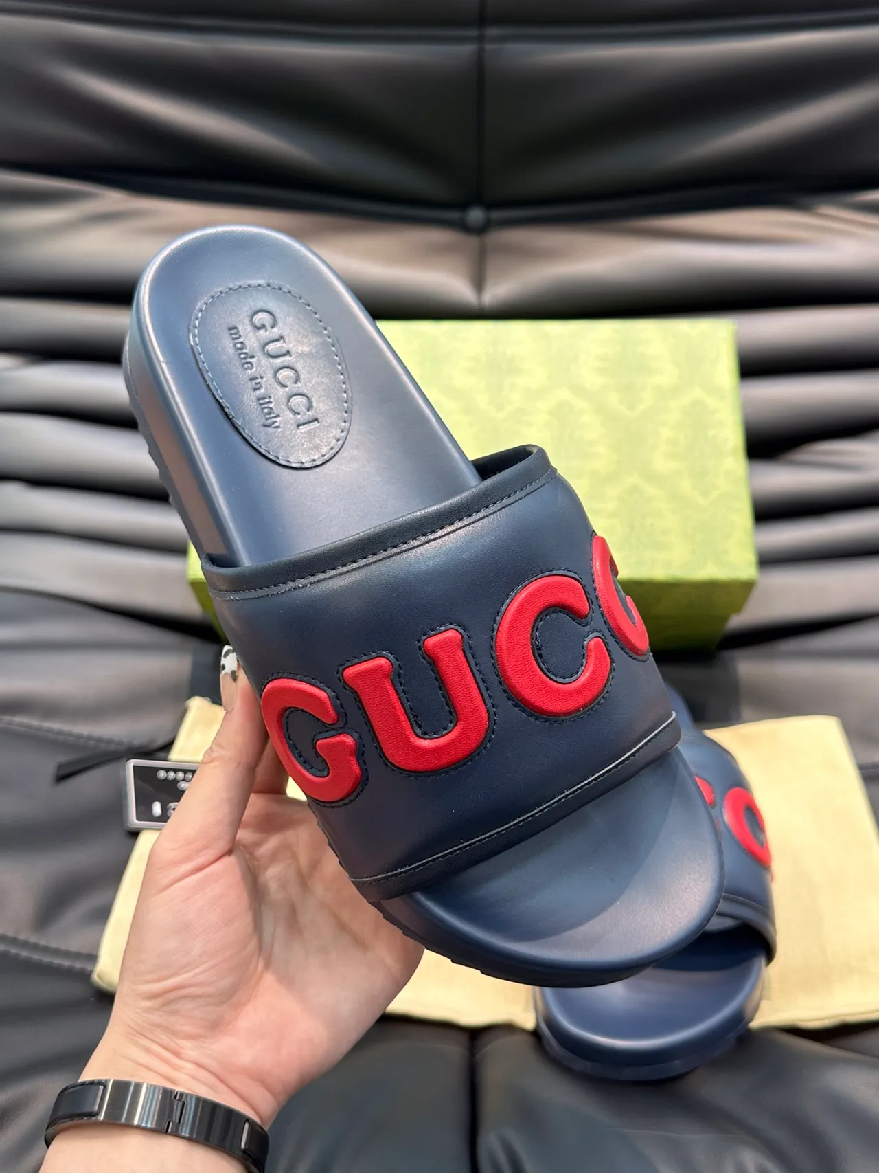Gucci Vert et Rouge Logo-Strap Semelle Moldée Chaussons 8