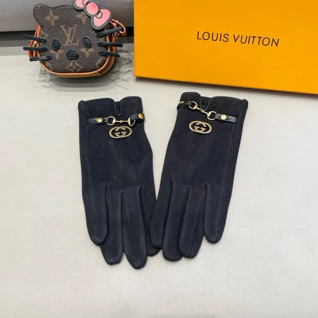 Gucci Horsebit 1955 Black Gold Suede-Like Material Interlocking G Buckle Leather Gloves 3