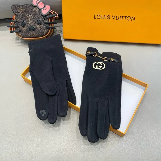 Gucci Horsebit 1955 Black Gold Suede-Like Material Interlocking G Buckle Leather Gloves 4