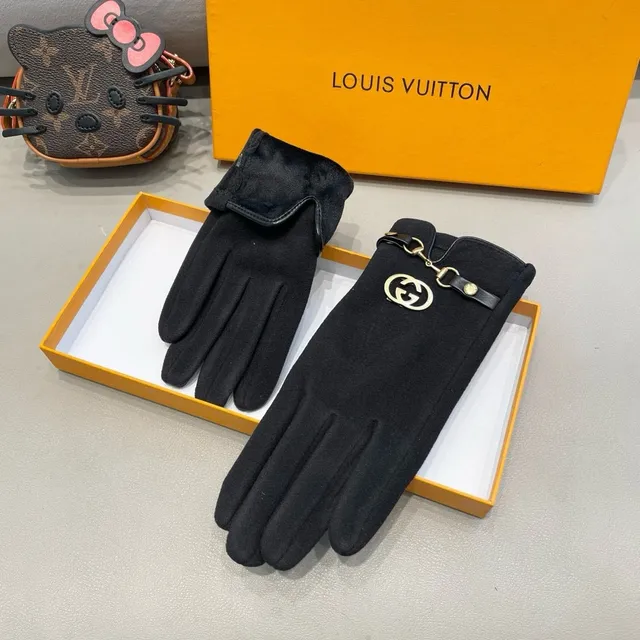 Gucci Horsebit 1955 Black Gold Suede-Like Material Interlocking G Buckle Leather Gloves 5
