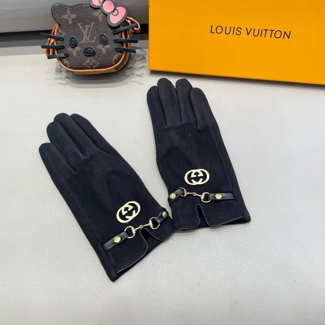 Gucci Horsebit 1955 Black Gold Suede-Like Material Interlocking G Buckle Leather Gloves 7