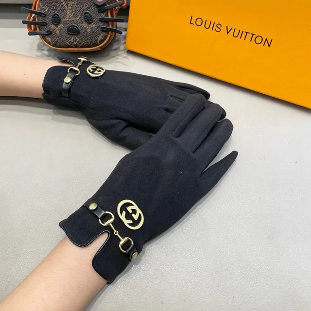 Gucci Horsebit 1955 Black Gold Suede-Like Material Interlocking G Buckle Leather Gloves 8