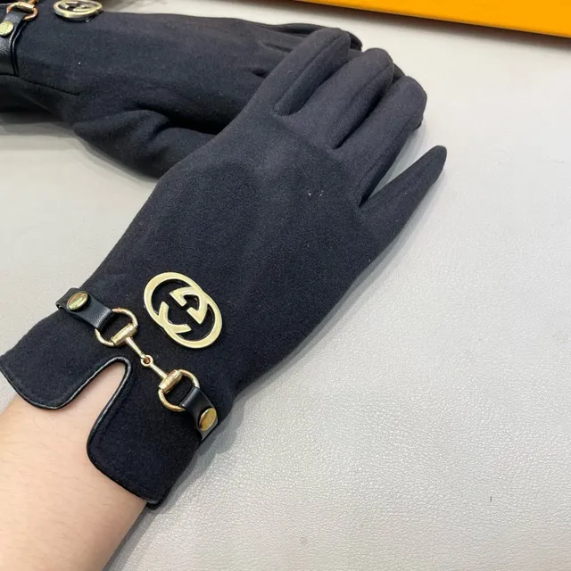Gucci Horsebit 1955 Black Gold Suede-Like Material Interlocking G Buckle Leather Gloves 9