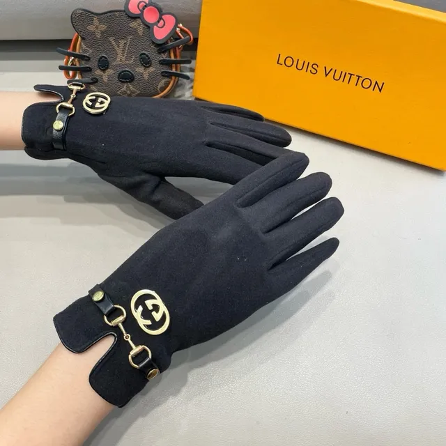 Gucci Horsebit 1955 Black Gold Suede-Like Material Interlocking G Buckle Leather Gloves 10