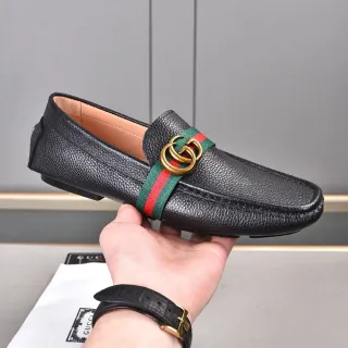 Gucci Horsebit 1955 Black Pebbled Leather Web Strap Loafers