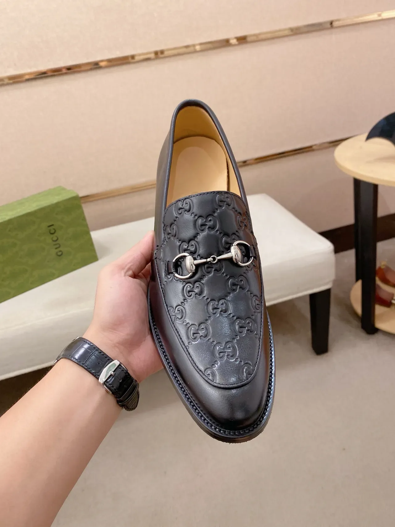 Gucci Horsebit 1955 Embossed GG Mocassin de Cuir Noir 6