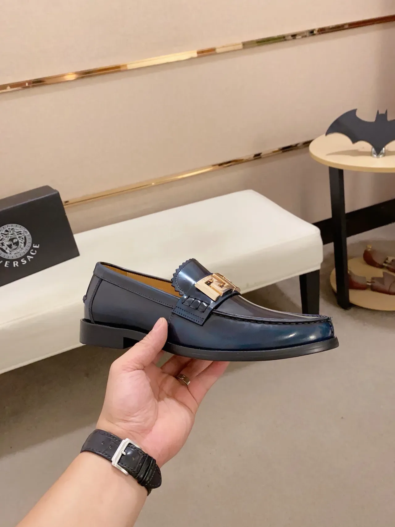 Gucci Horsebit 1955 Navy Blue Gold Buckle Loafers 4