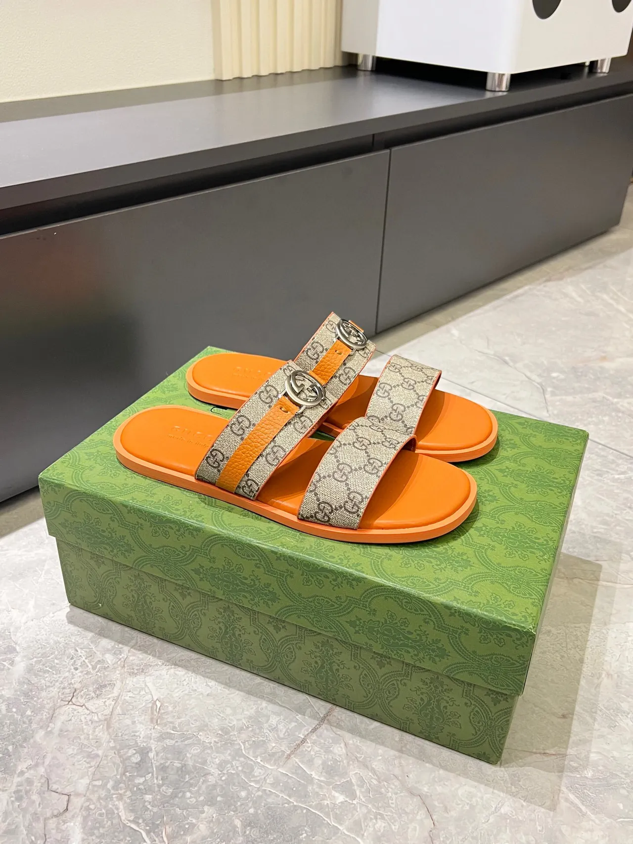 Gucci Horsebit 1955 Chaussons orange GG Monogram à double bride 3