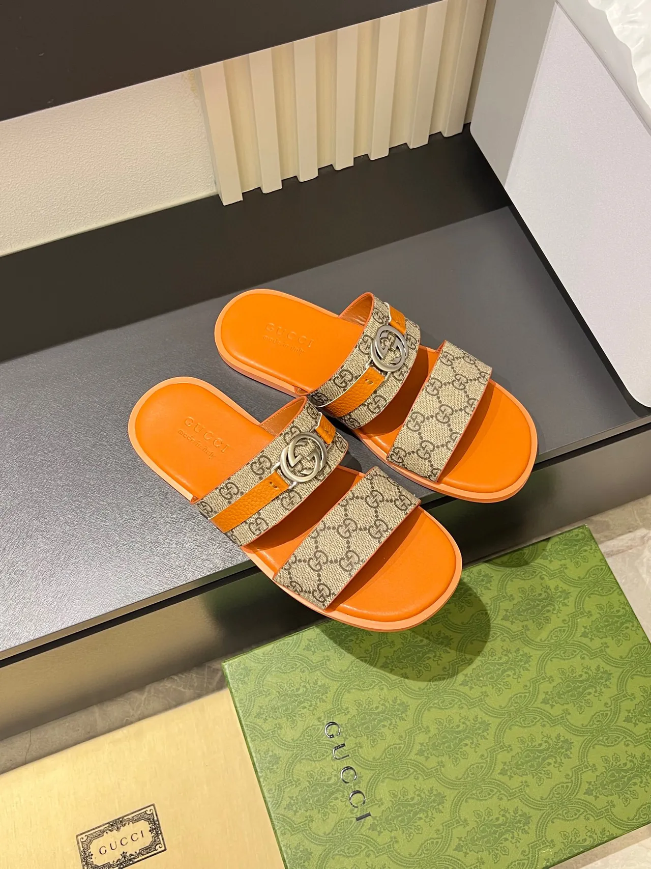 Gucci Horsebit 1955 Chaussons orange GG Monogram à double bride 5