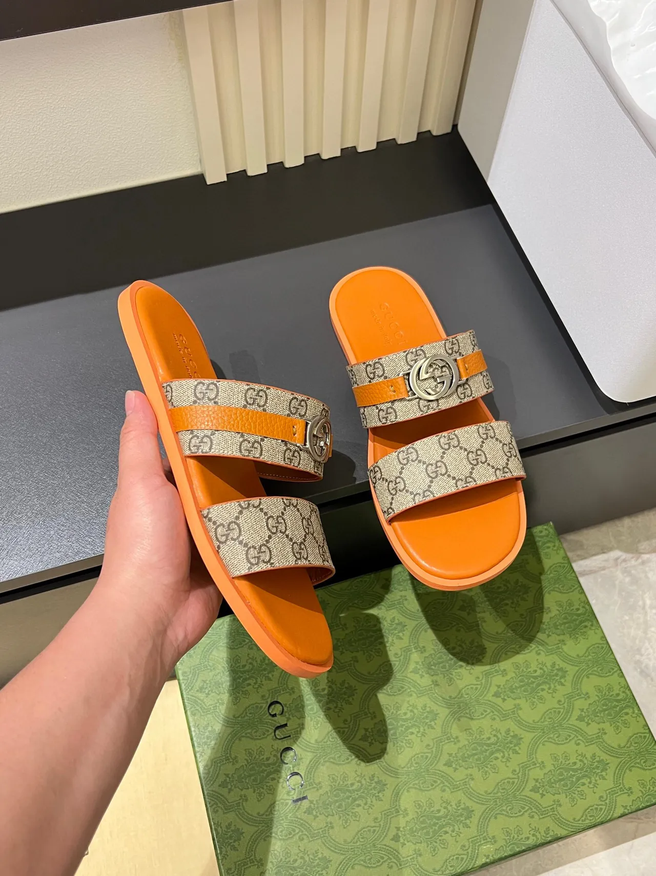 Gucci Horsebit 1955 Chaussons orange GG Monogram à double bride 7