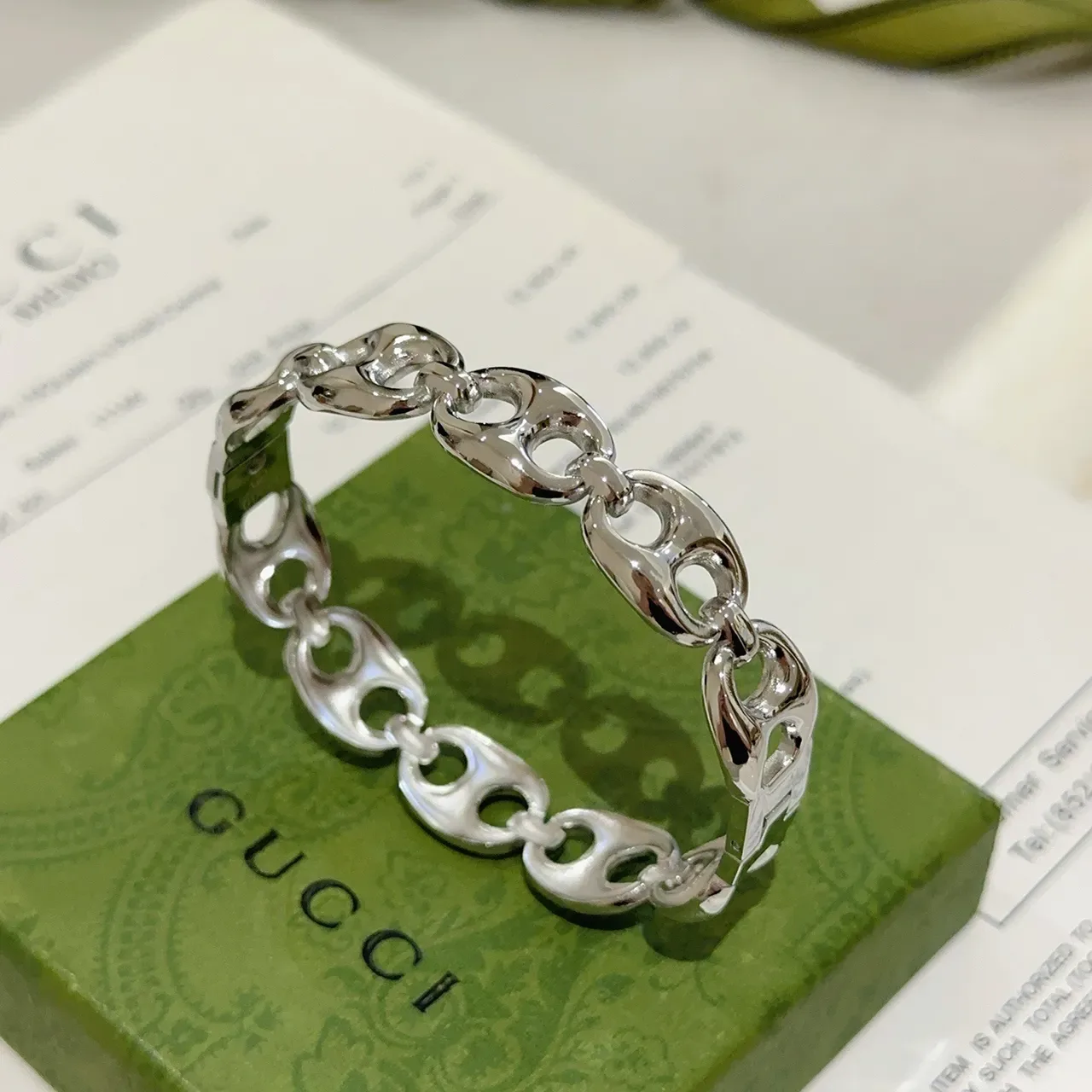 Gucci Horsebit 1955 Polished Silver Interlocking Oval Link Bracelet 7