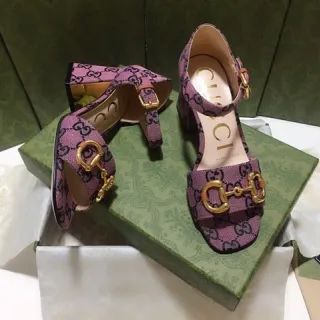 Gucci Horsebit 1955 Purple Black GG Monogram Canvas Gold-Tone Buckle Block Heel