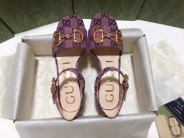 Gucci Horsebit 1955 Purple Black GG Monogram Canvas Gold-Tone Buckle Block Heel 5