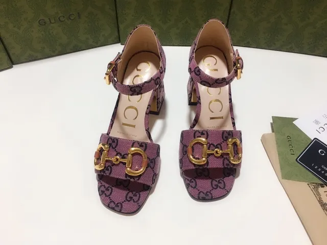 Gucci Horsebit 1955 Purple Black GG Monogram Canvas Gold-Tone Buckle Block Heel 7