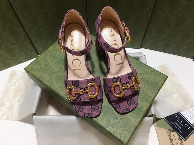 Gucci Horsebit 1955 Purple Black GG Monogram Canvas Gold-Tone Buckle Block Heel 8