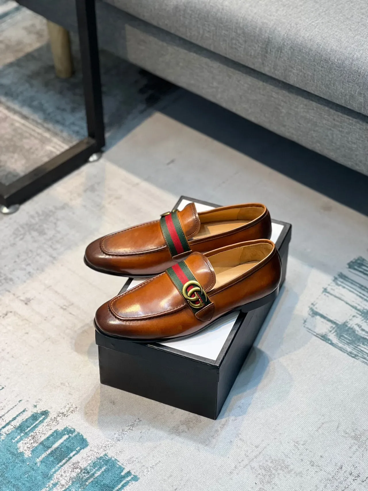 Gucci Horsebit 1955 Tan Leather Web Strap Loafer 7