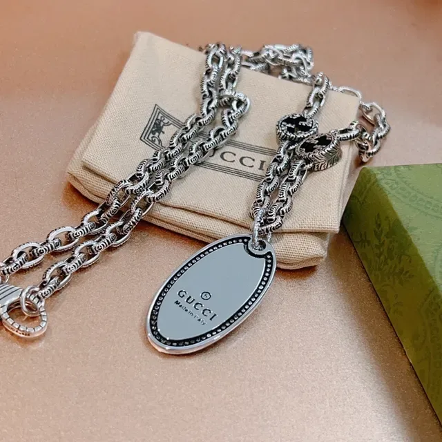Gucci Interlocking G Dog Tag Silver Black Oxidized Metal Chain Oval Pendant Necklace 3