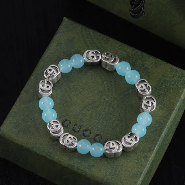 Gucci Interlocking GG Bead Bracelet Blue Silver Logo Beads Engraved Lettering Bracelet 2