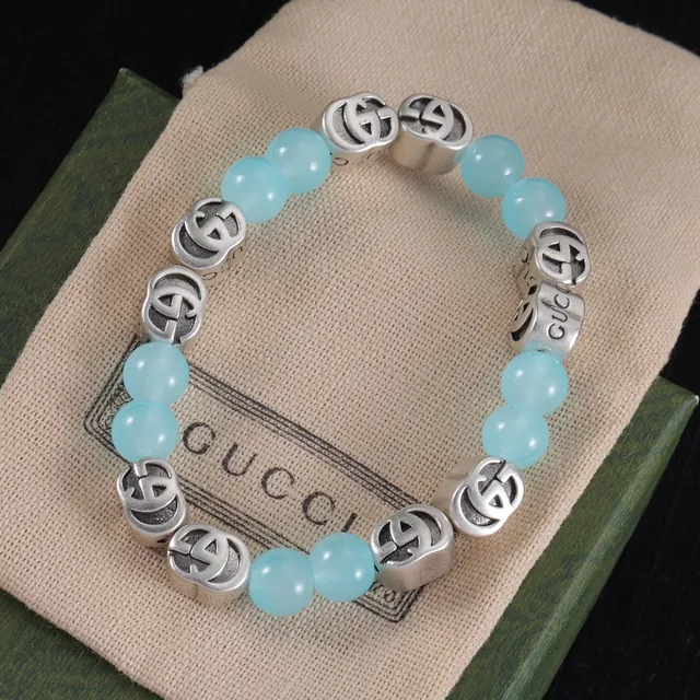 Gucci Interlocking GG Bead Bracelet Blue Silver Logo Beads Engraved Lettering Bracelet 3