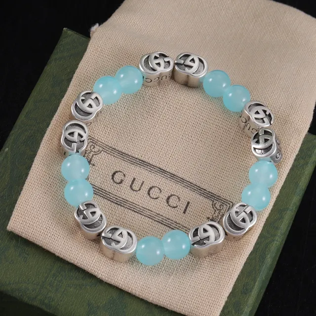 Gucci Interlocking GG Bead Bracelet Blue Silver Logo Beads Engraved Lettering Bracelet 4